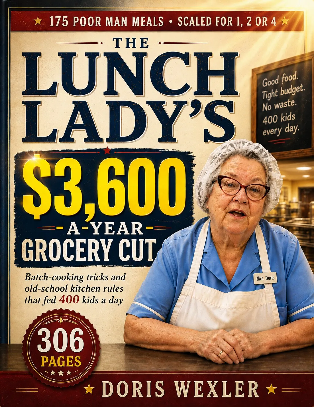 Front cover of The Lunch Lady's $3,600-a-Year Grocery Cut by Doris Wexler — 175 poor man meals, scaled for 1, 2 or 4, 306 pages