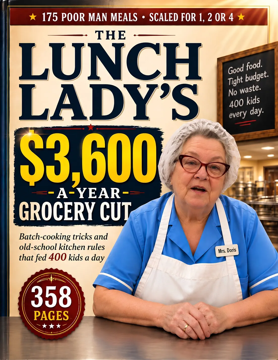 Front cover of The Lunch Lady's $3,600-a-Year Grocery Cut by Doris Wexler — 175 poor man meals, scaled for 1, 2 or 4, 358 pages