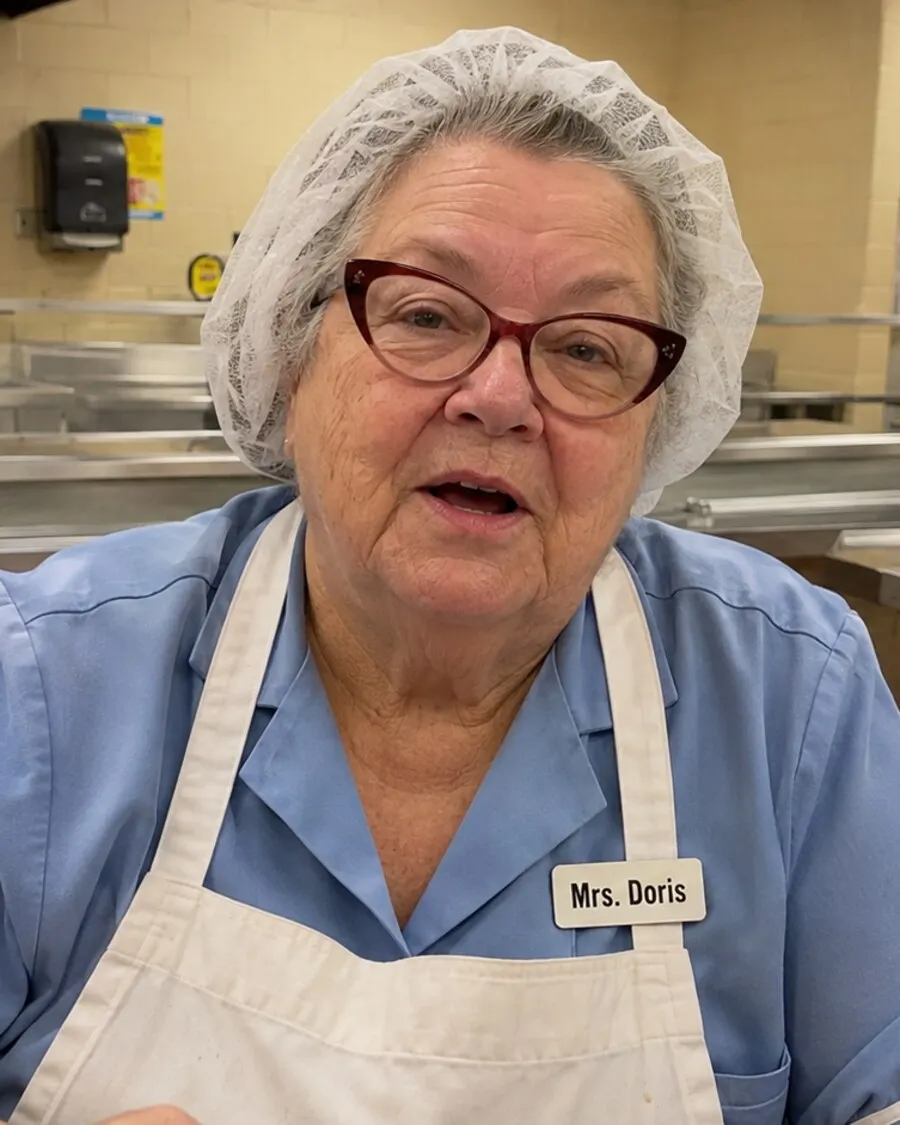 Doris Wexler in a school kitchen, wearing a blue uniform, white apron and hair net with a name badge reading Mrs. Doris