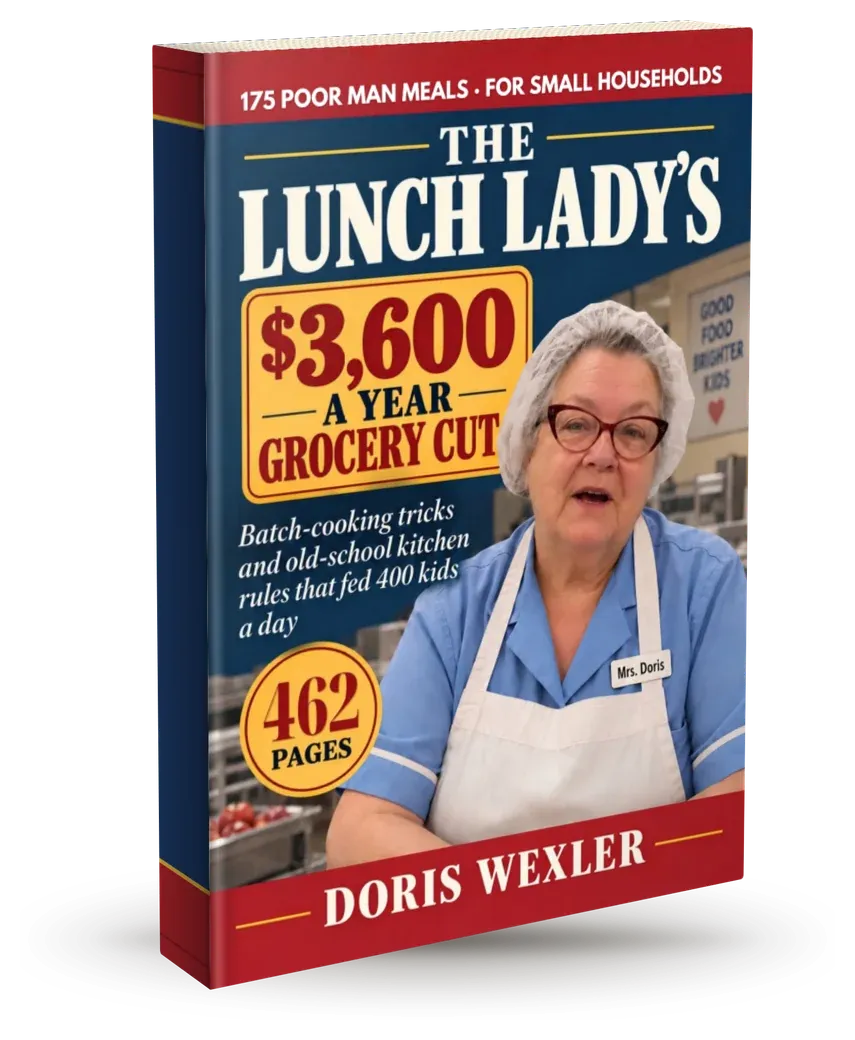 The Printed Edition: a 462-page paperback of The Lunch Lady's $3,600-a-Year Grocery Cut by Doris Wexler, standing with its spine and page edges visible